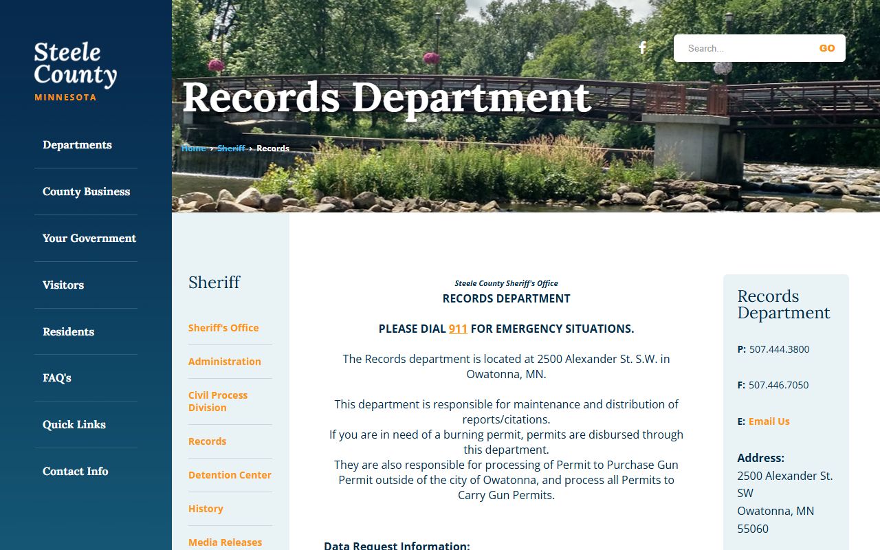 Steele County arrest records sheriff records request page