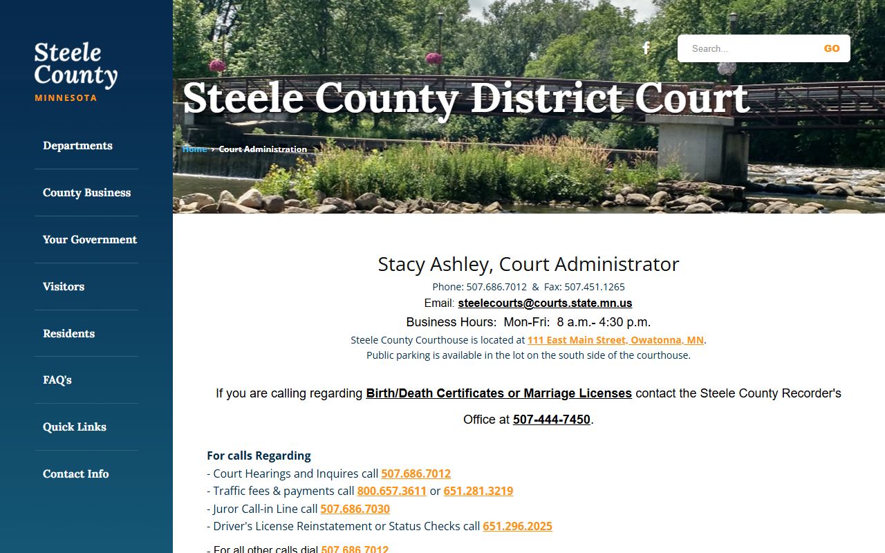 Steele County Court Administration local contact and hearing channels