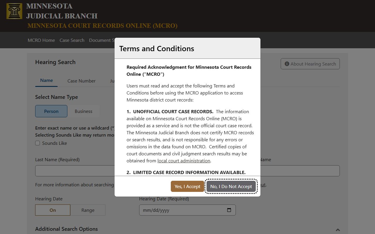 MCRO Hearing Search interface for Steele County dockets