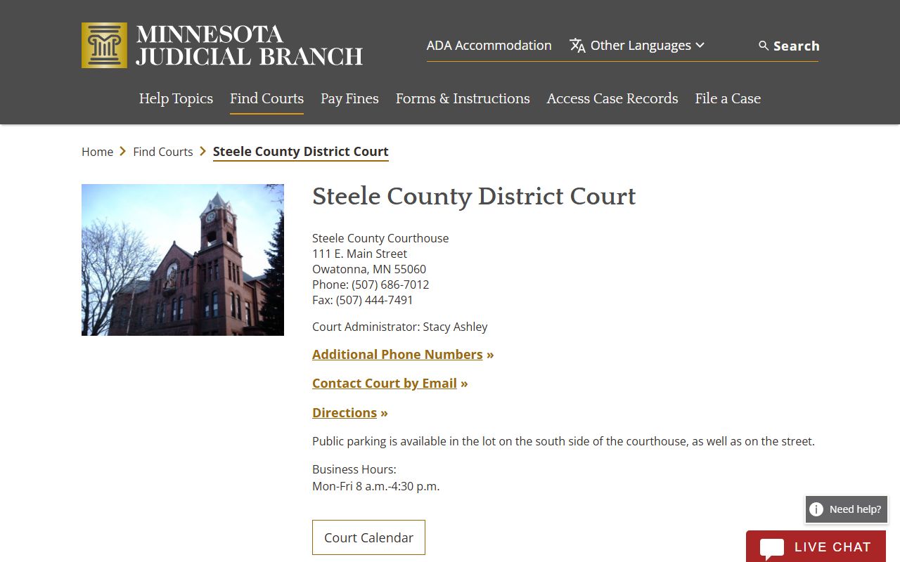 Steele County District Court landing page with courthouse and quick links