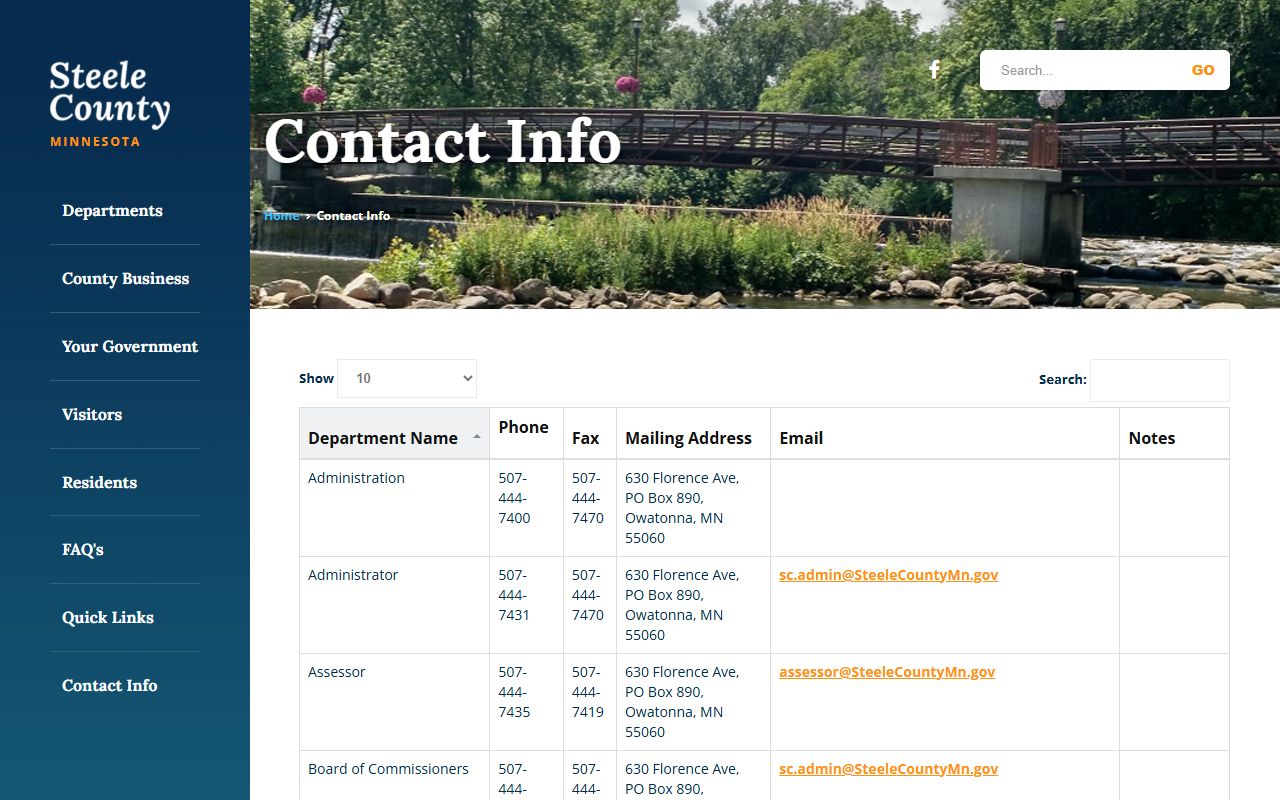 Steele County department contacts directory for court and county offices