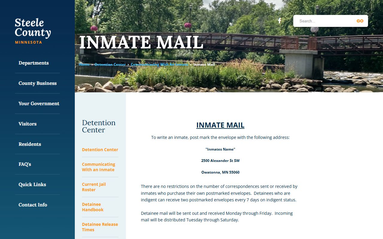 Steele County inmate records mail rules