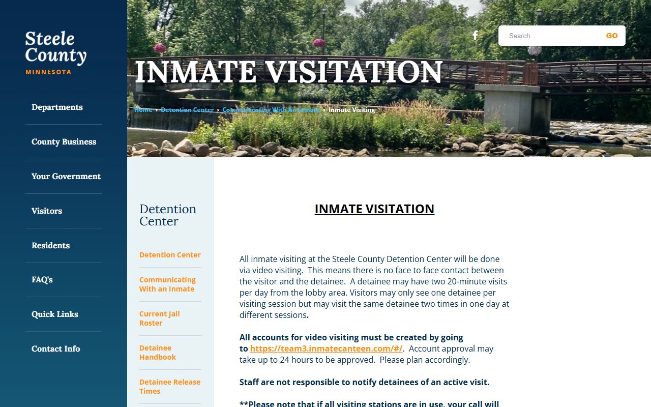 Steele County inmate records video visitation rules