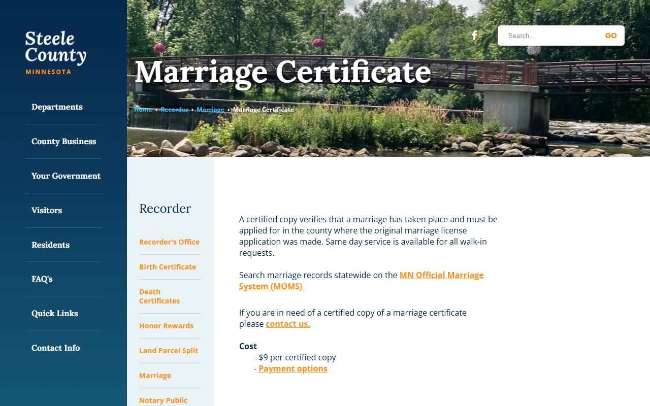 Steele County marriage records marriage certificate copy page