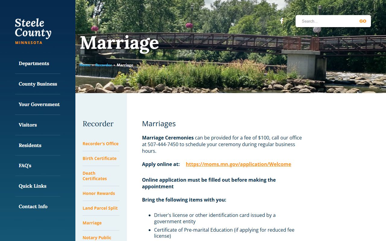 Steele County marriage records marriage information page